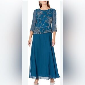 J Kara Women's Geometrical Beading 3/4 Sleeve Mock Flare Dress